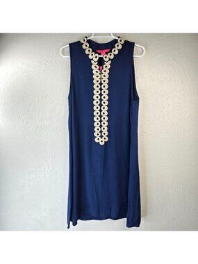 Lilly Pulitzer Jane Shift Dress Size 12 Navy Blue Gold Formal Preppy Sleeveless